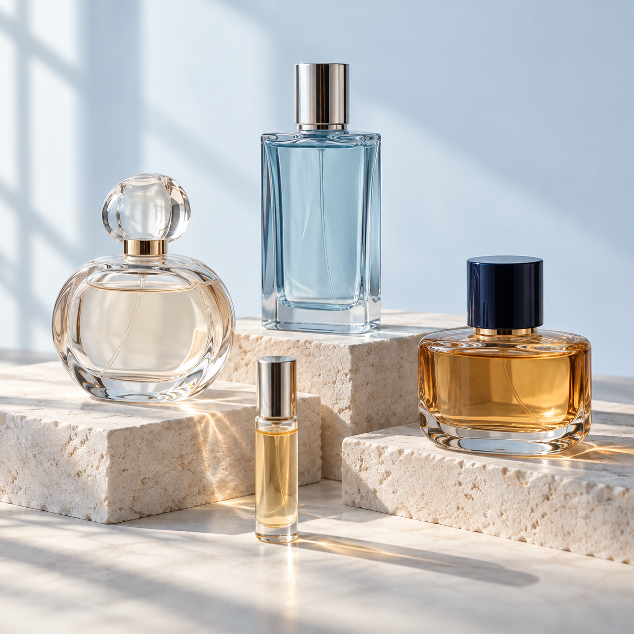 Illustrative arrangement of unbranded blue, amber, and clear glass fragrance bottles